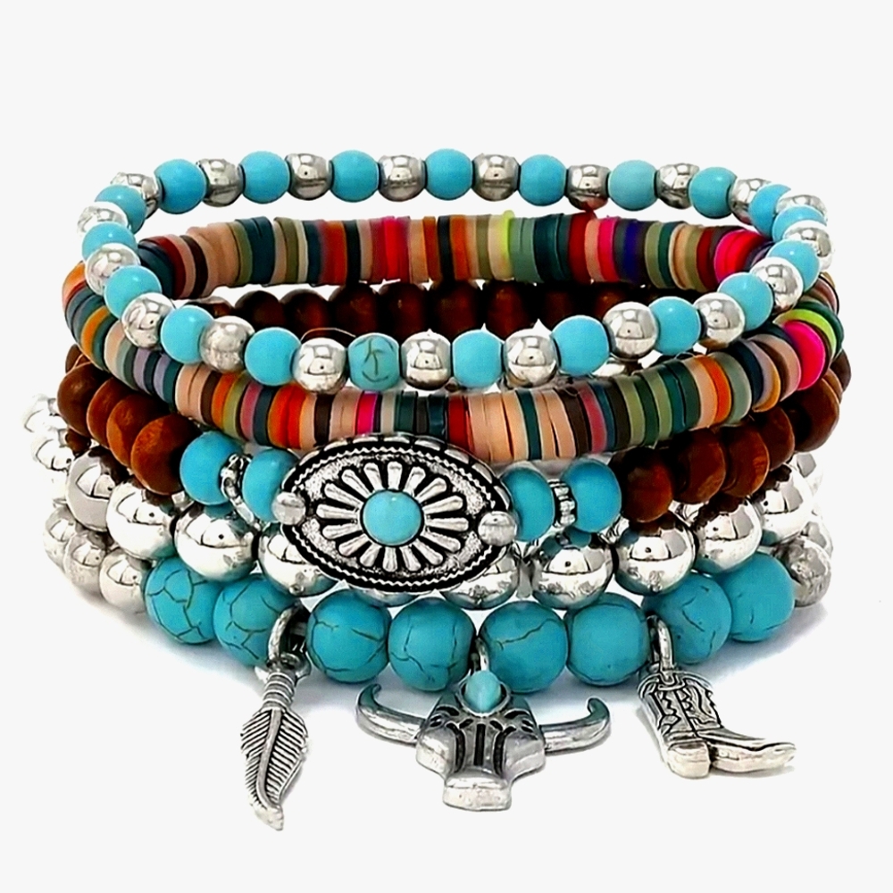 5 Bracelet Set Silver Blue Turquoise Stone Jewelry Rodeo Outfit Hippie Festival - Picture 7 of 8